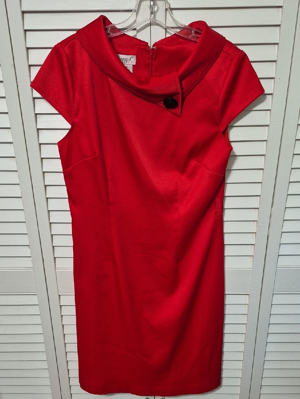 Red Cap Sleeve Sheath Dress with Asymmetric Collar